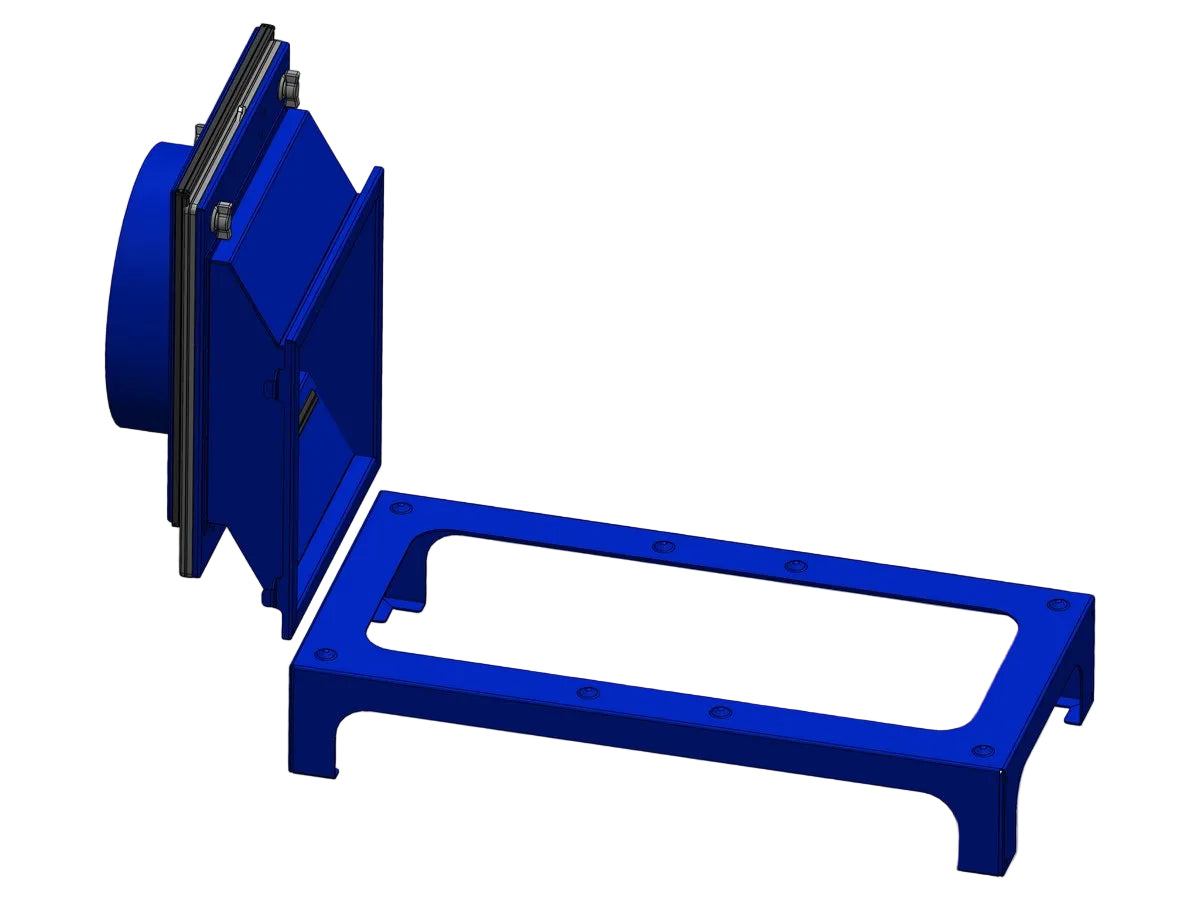 A 3D CAD render of a blue mechanical mounting bracket or adapter assembly, shown in two separated components on a light gray background.