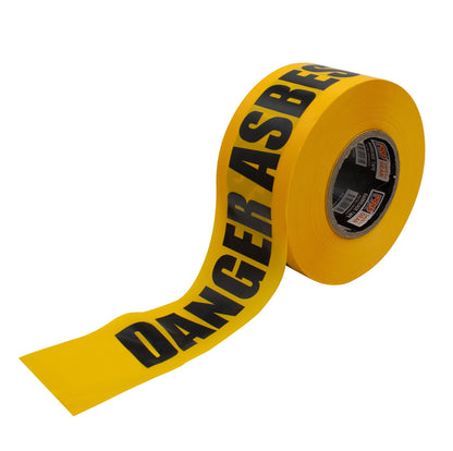 A roll of yellow Pro Safety Gear barricade tape unrolled to show "DANGER ASBESTOS" printed in bold black letters on a white background.