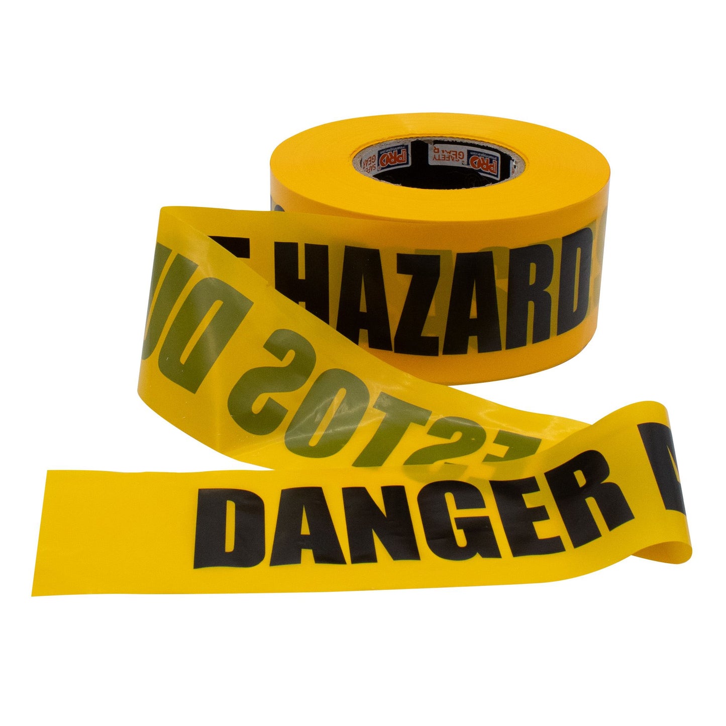 A partially unrolled roll of yellow Pro Safety Gear barricade tape with "DANGER" and "HAZARD" printed in bold black letters on a white background.