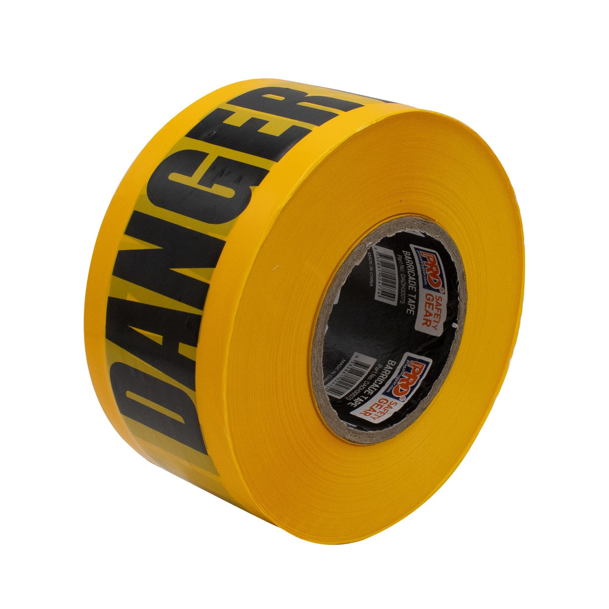 A roll of yellow Pro Safety Gear barricade tape with "DANGER" printed in bold black letters on a white background.