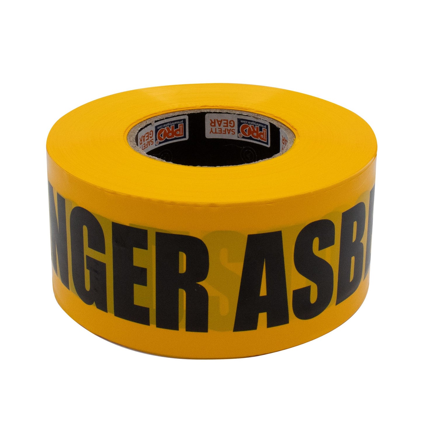 A roll of yellow Pro Safety Gear barricade tape with "GER ASB" visible in bold black letters on a white background.