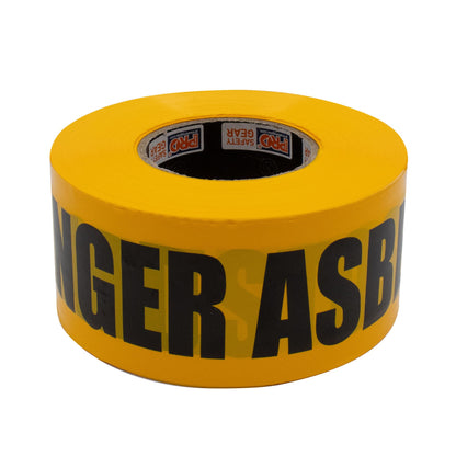 A roll of yellow Pro Safety Gear barricade tape with "GER ASB" visible in bold black letters on a white background.