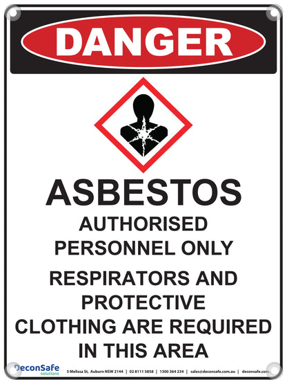 A rectangular asbestos safety sign with a white background, black text, a red and black hazard symbol, and a red-and-black vertical danger panel on the right. The sign includes the words 'ASBESTOS' and 'DANGER' and lists restricted access and protective clothing requirements.