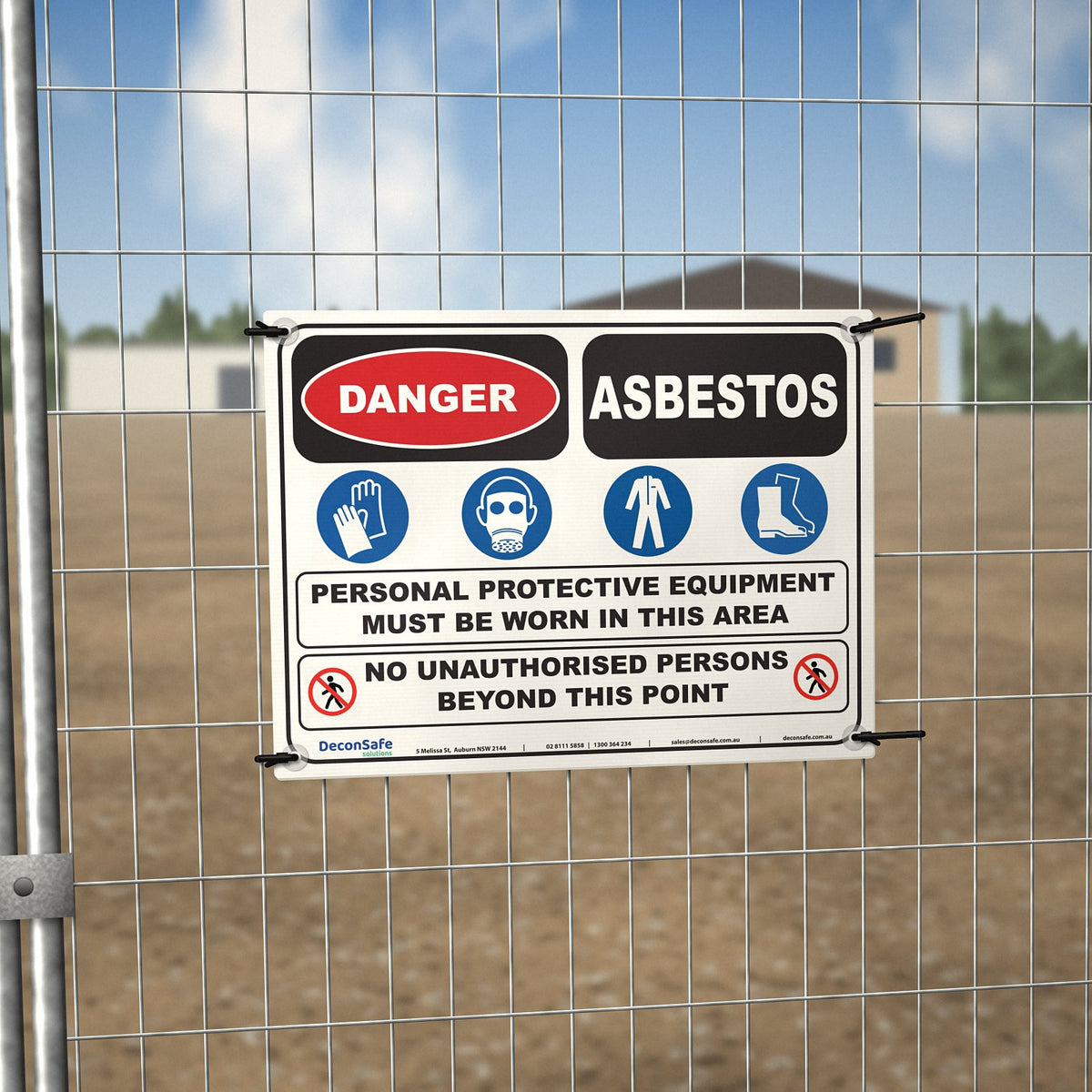 Danger Asbestos PPE Must Be Worn sign cable-tied to a temporary site fence