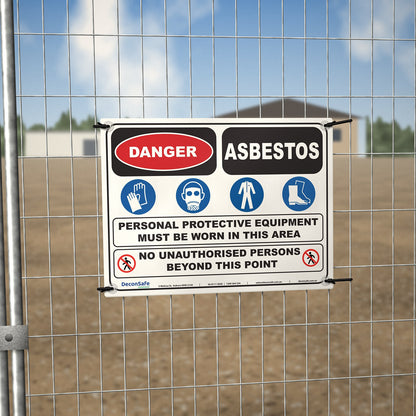 Danger Asbestos PPE Must Be Worn sign cable-tied to a temporary site fence
