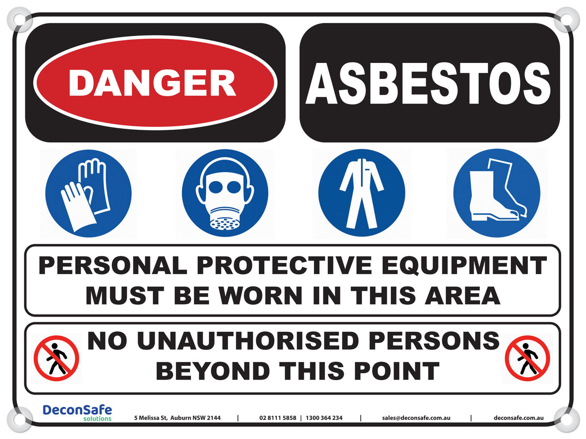 Danger Asbestos sign with PPE symbols for gloves, respirator, coveralls and boots, and no unauthorised persons warning
