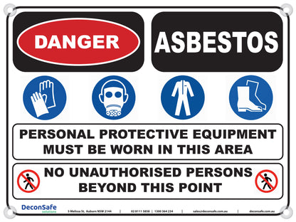 Danger Asbestos sign with PPE symbols for gloves, respirator, coveralls and boots, and no unauthorised persons warning