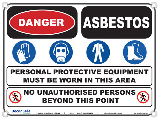 Danger Asbestos sign with PPE symbols for gloves, respirator, coveralls and boots, and no unauthorised persons warning