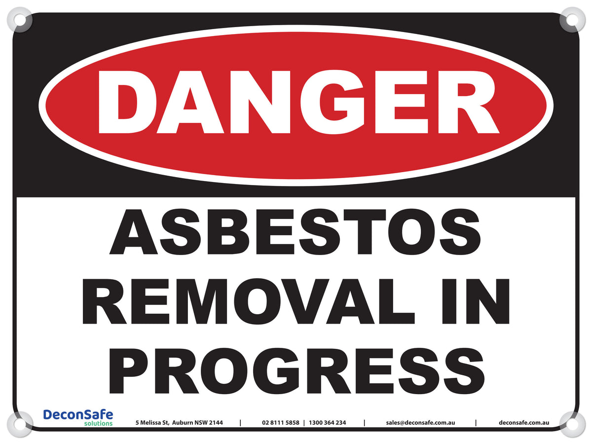 Danger Asbestos Removal In Progress sign, red, black and white, 600 x 450mm corflute