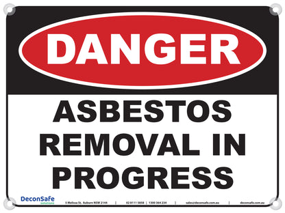 Danger Asbestos Removal In Progress sign, red, black and white, 600 x 450mm corflute