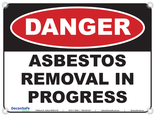 Danger Asbestos Removal In Progress sign, red, black and white, 600 x 450mm corflute