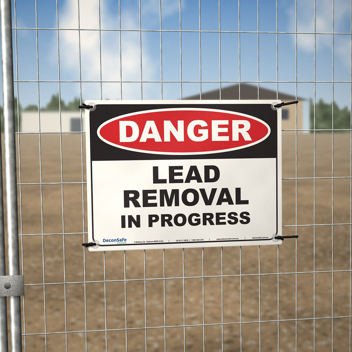 Danger Lead Removal In Progress sign cable-tied to a temporary site fence