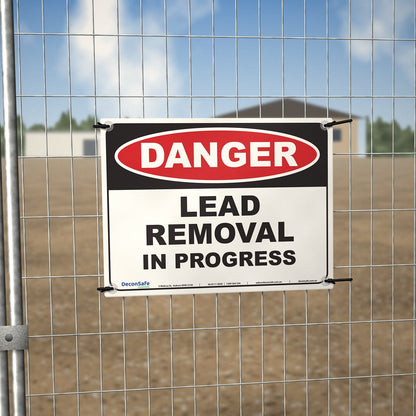Danger Lead Removal In Progress sign cable-tied to a temporary site fence