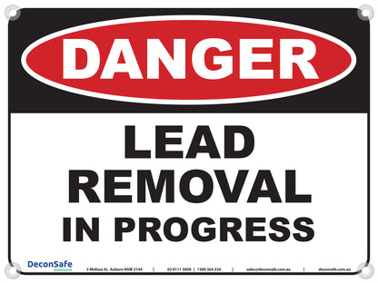 Danger Lead Removal In Progress sign, red, black and white, 600 x 450mm corflute