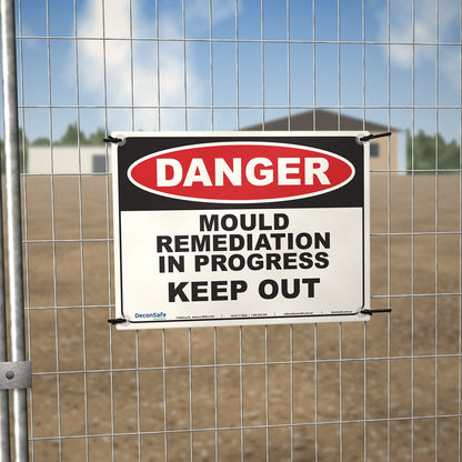 Danger Mould Remediation In Progress Keep Out sign cable-tied to a temporary site fence