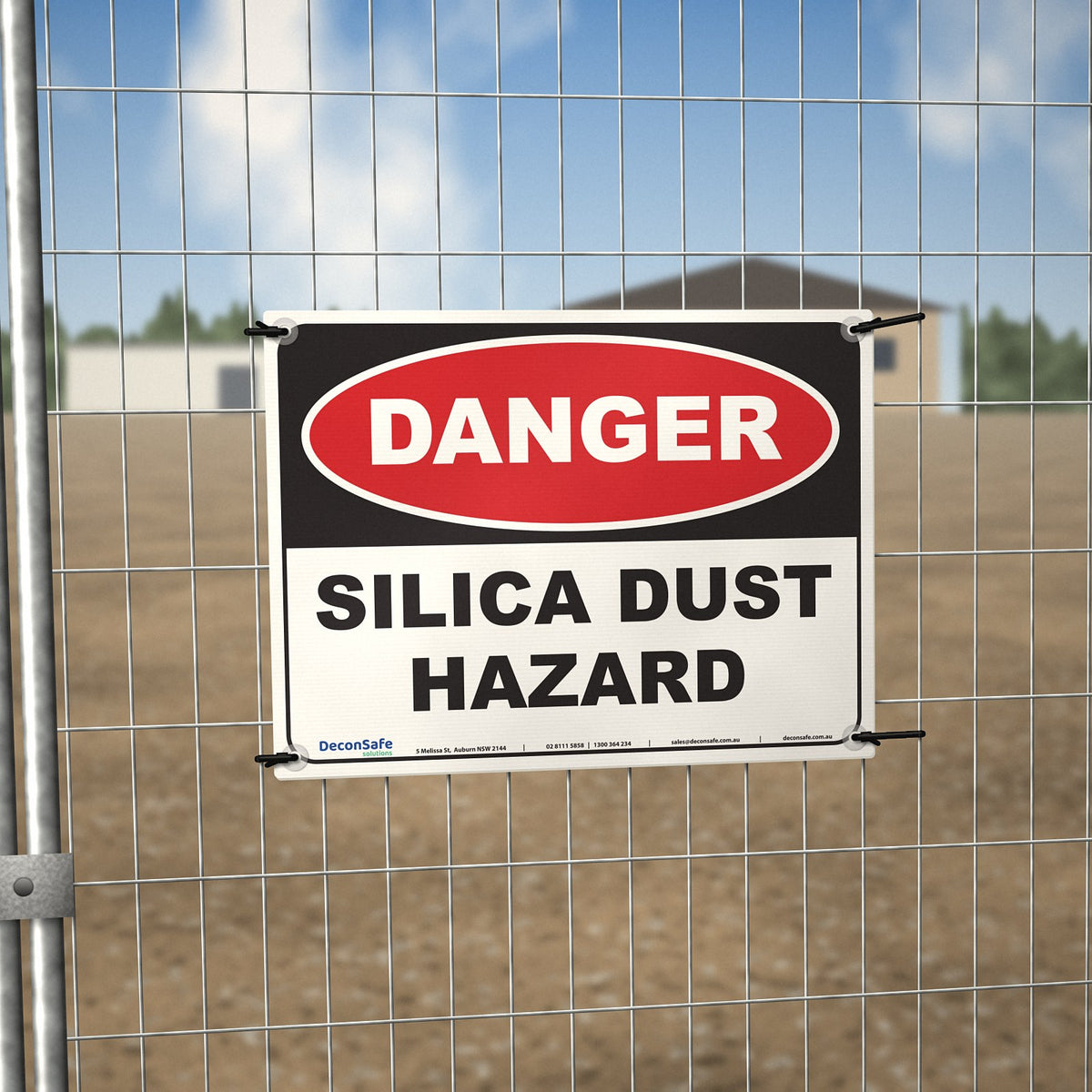 Danger Silica Dust Hazard sign cable-tied to a temporary site fence