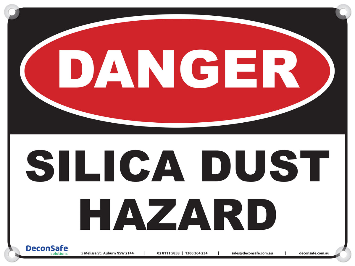 Danger Silica Dust Hazard sign, red, black and white, 600 x 450mm corflute
