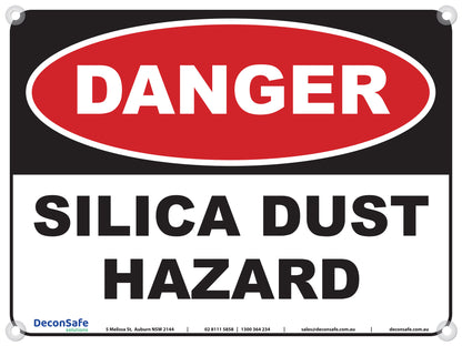 Danger Silica Dust Hazard sign, red, black and white, 600 x 450mm corflute