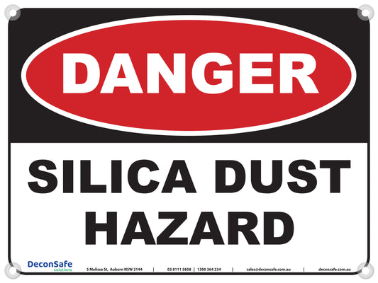 Danger Silica Dust Hazard sign, red, black and white, 600 x 450mm corflute