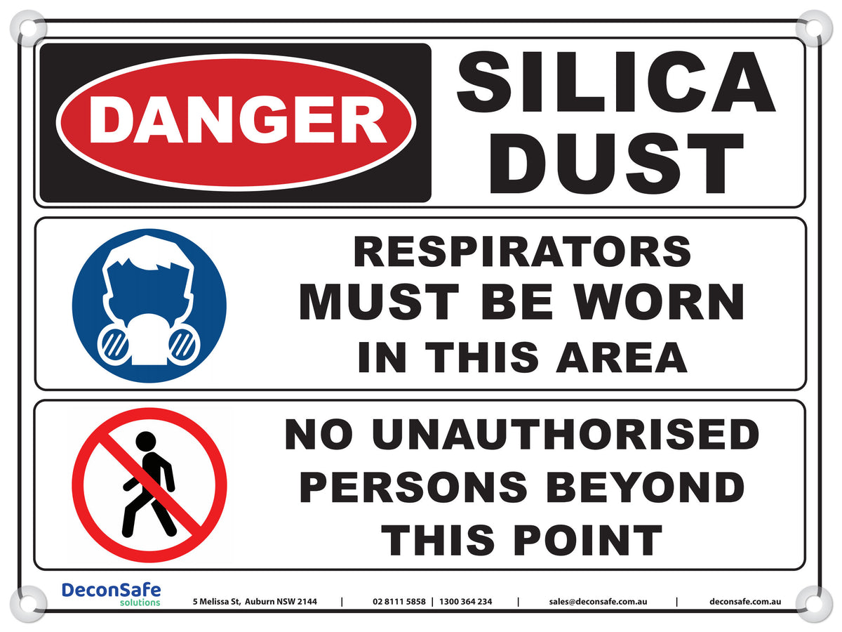 Danger Silica Dust sign with respirator symbol: respirators must be worn, no unauthorised persons beyond this point