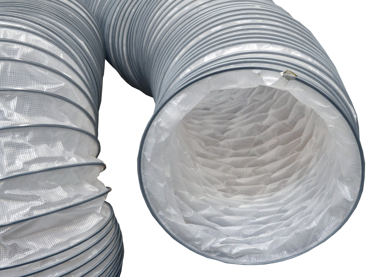 Flexible silver metal duct pipe with a white inner liner, shown in a close-up view against a white background.