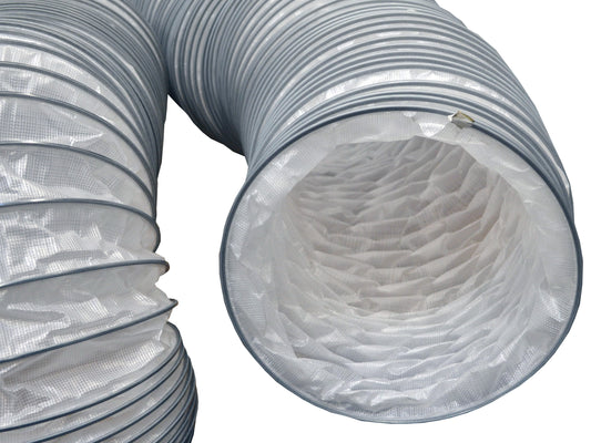 Flexible silver metal duct pipe with a white inner liner, shown in a close-up view against a white background.