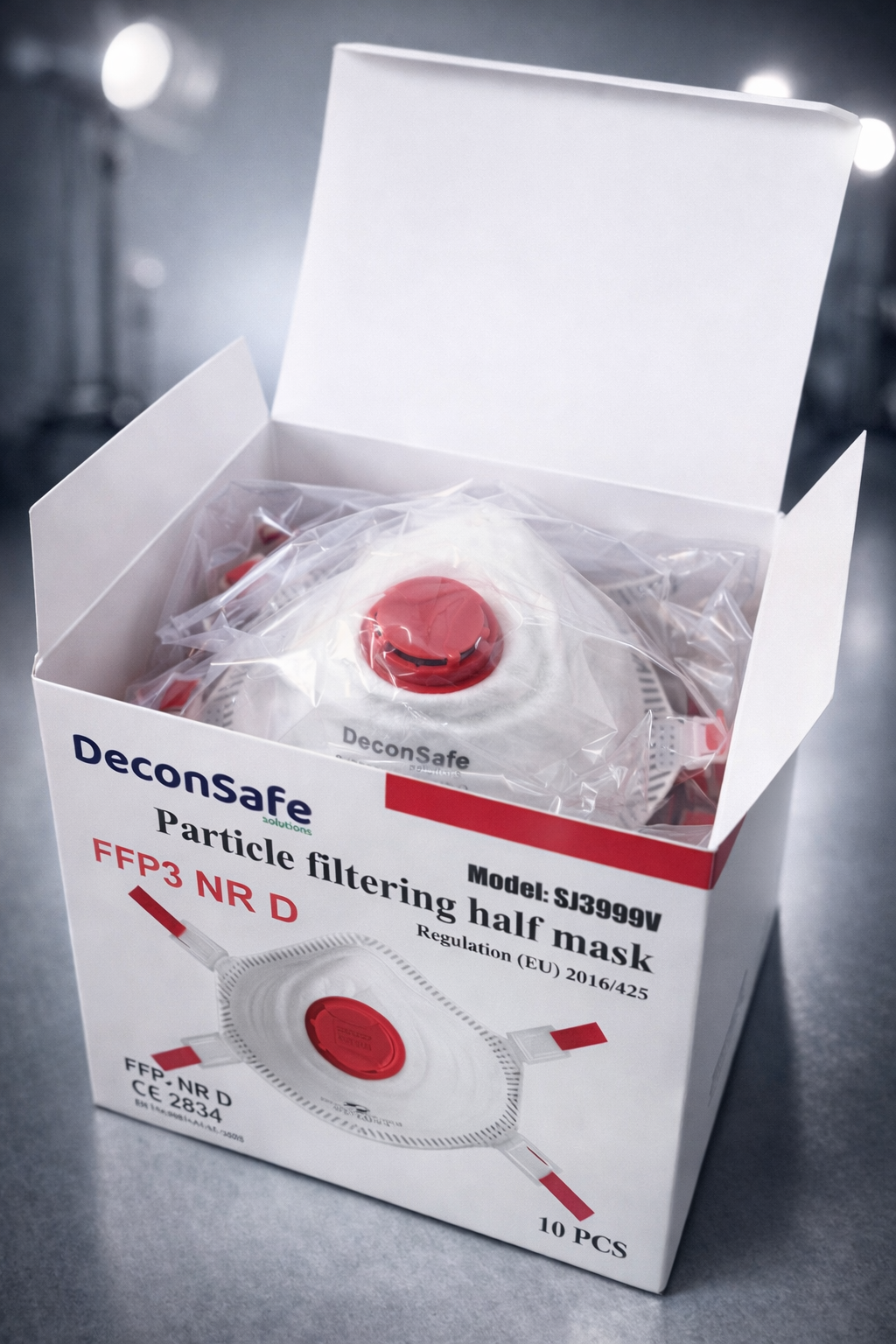 DeconSafe FFP3 NR D particle filtering half mask respirator in an open 10-piece box.