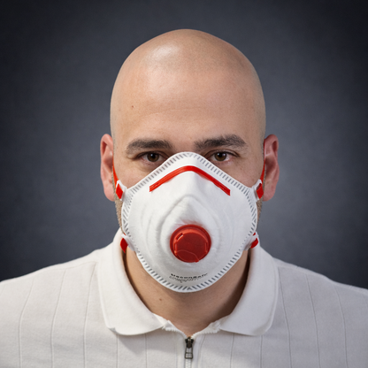 A bald man wearing a white DeconSafe FFP3 respirator mask with a red exhalation valve and red elastic straps.