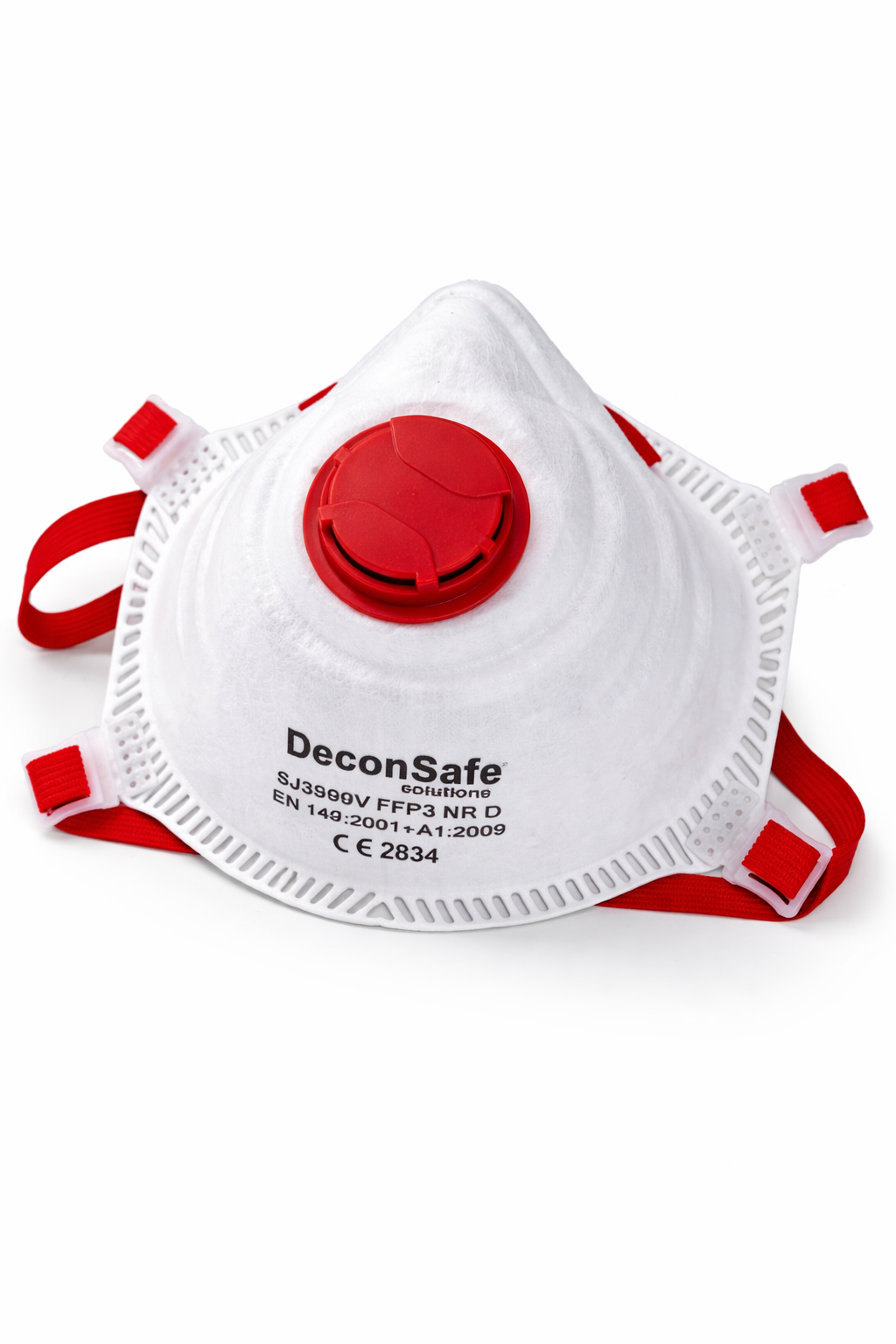 A white DeconSafe SJ3990V FFP3 NR D respirator mask featuring a prominent red exhalation valve and red elastic head straps.
