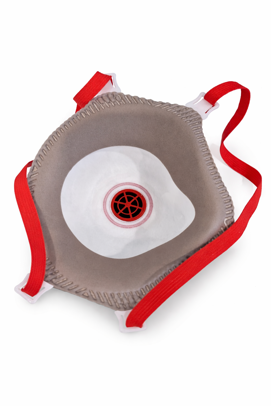 An interior view of a respirator mask, showing the grey filter material, the red circular exhalation valve assembly, and red elastic straps.