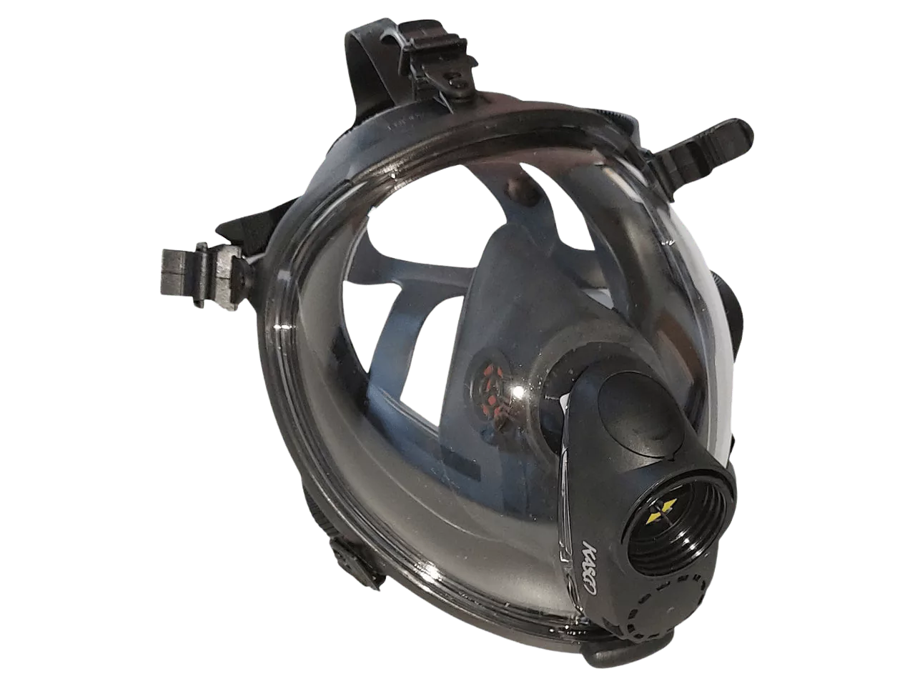 A clear closeup view of zenith full face respiratory protective mask for asbestos removal project.