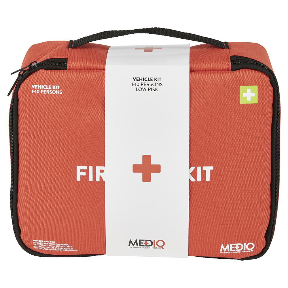 Red and white first aid kit with black handles on a white background