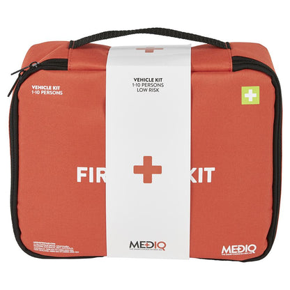Red and white first aid kit with black handles on a white background