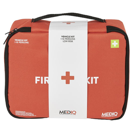 Red and white first aid kit with black handles on a white background