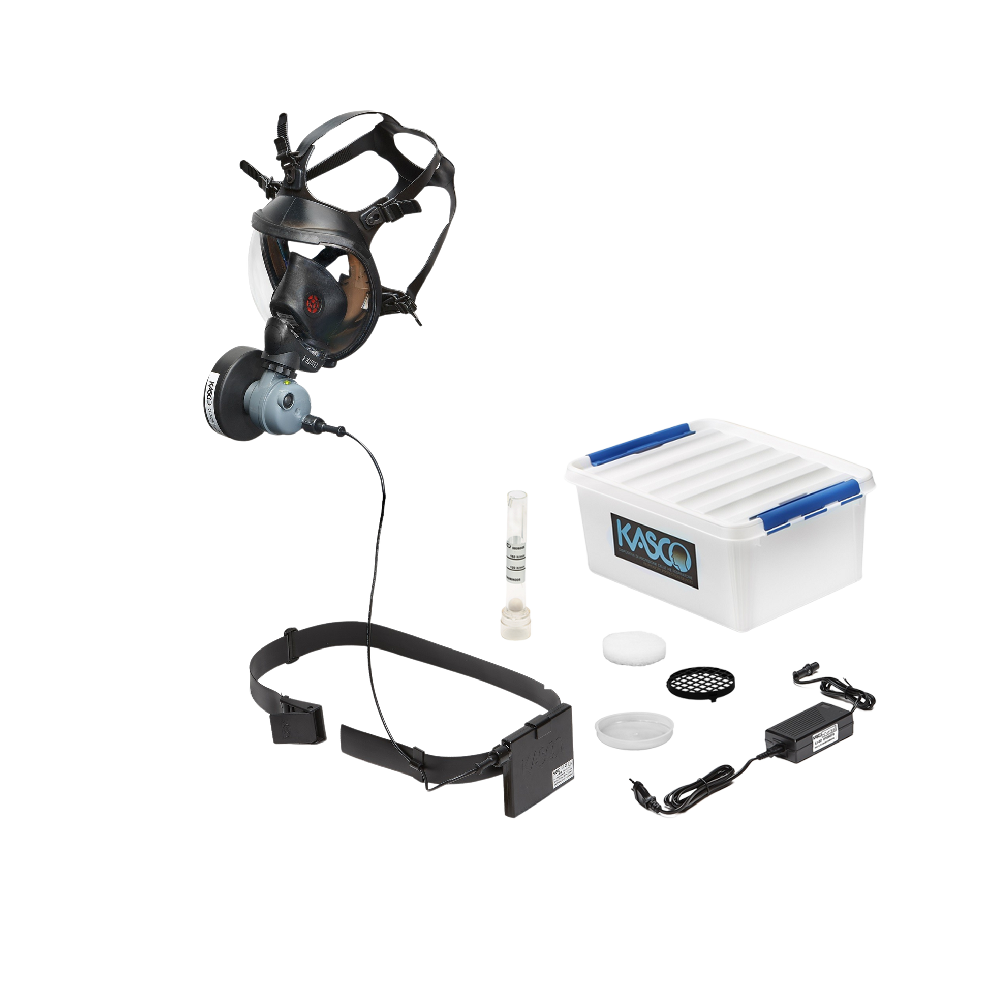 A Kasko full-face mask setup with a black head strap, dual-cartridge respirator, clear face shield, white storage box with blue lids, filter canister, accessories, and power adapter on a white background.