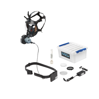 A Kasko full-face mask setup with a black head strap, dual-cartridge respirator, clear face shield, white storage box with blue lids, filter canister, accessories, and power adapter on a white background.