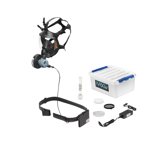 A Kasko full-face mask setup with a black head strap, dual-cartridge respirator, clear face shield, white storage box with blue lids, filter canister, accessories, and power adapter on a white background.