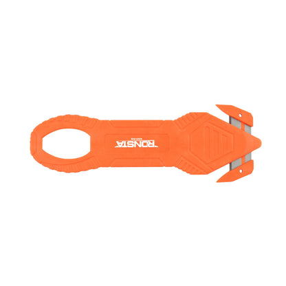An orange self-defense keychain tool with a loop handle and sharp blade mechanism, featuring the brand name 'TECNISTA' printed on the side, set against a plain white background.