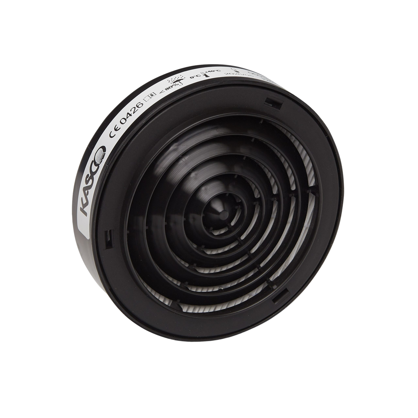 Circular Kasco respirator filter cartridge with a black concentric grille and a white label showing safety specifications.