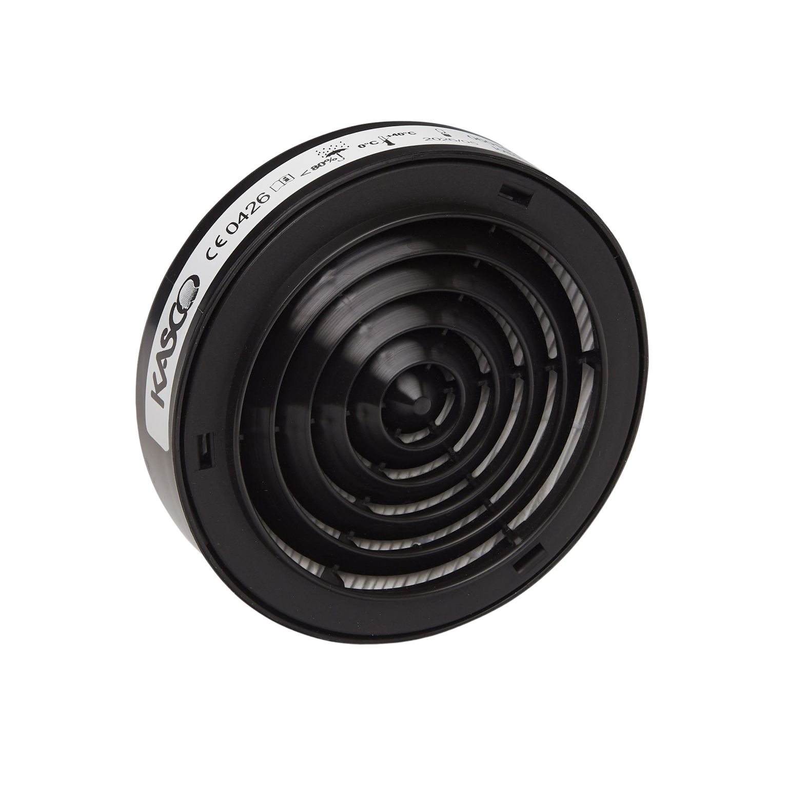 Circular Kasco respirator filter cartridge with a black concentric grille and a white label showing safety specifications.