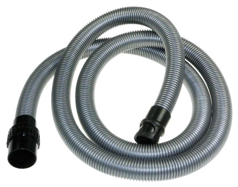 A coiled gray corrugated flexible hose with black plastic connector ends, shown on a plain white background.