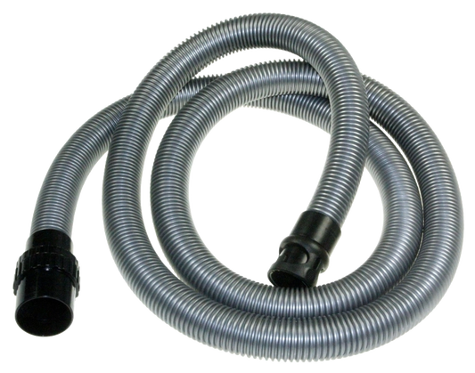 A coiled gray corrugated flexible hose with black plastic connector ends, shown on a plain white background.