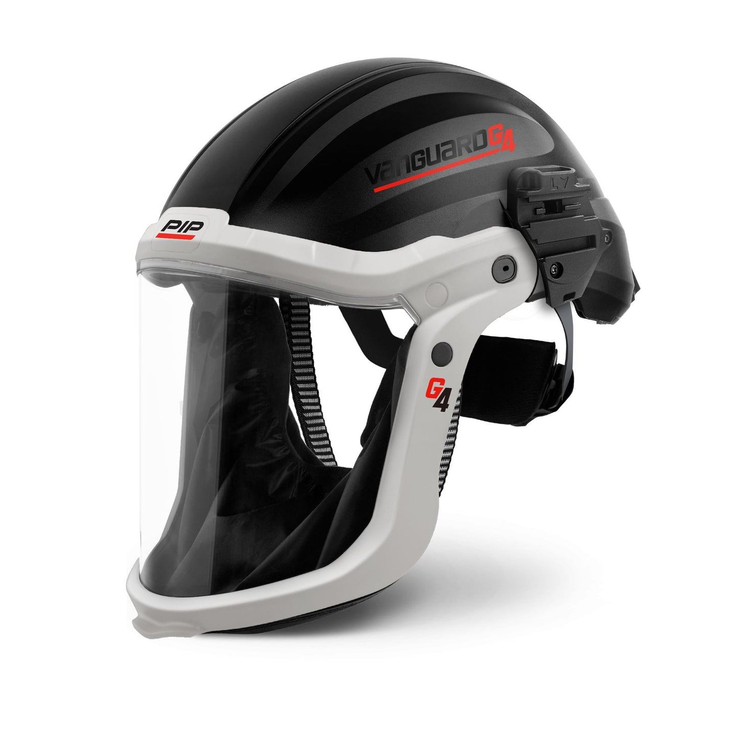 A black and white "Vanguard G4" safety helmet by PIP, featuring an integrated clear face shield with a black fabric chin shroud.
