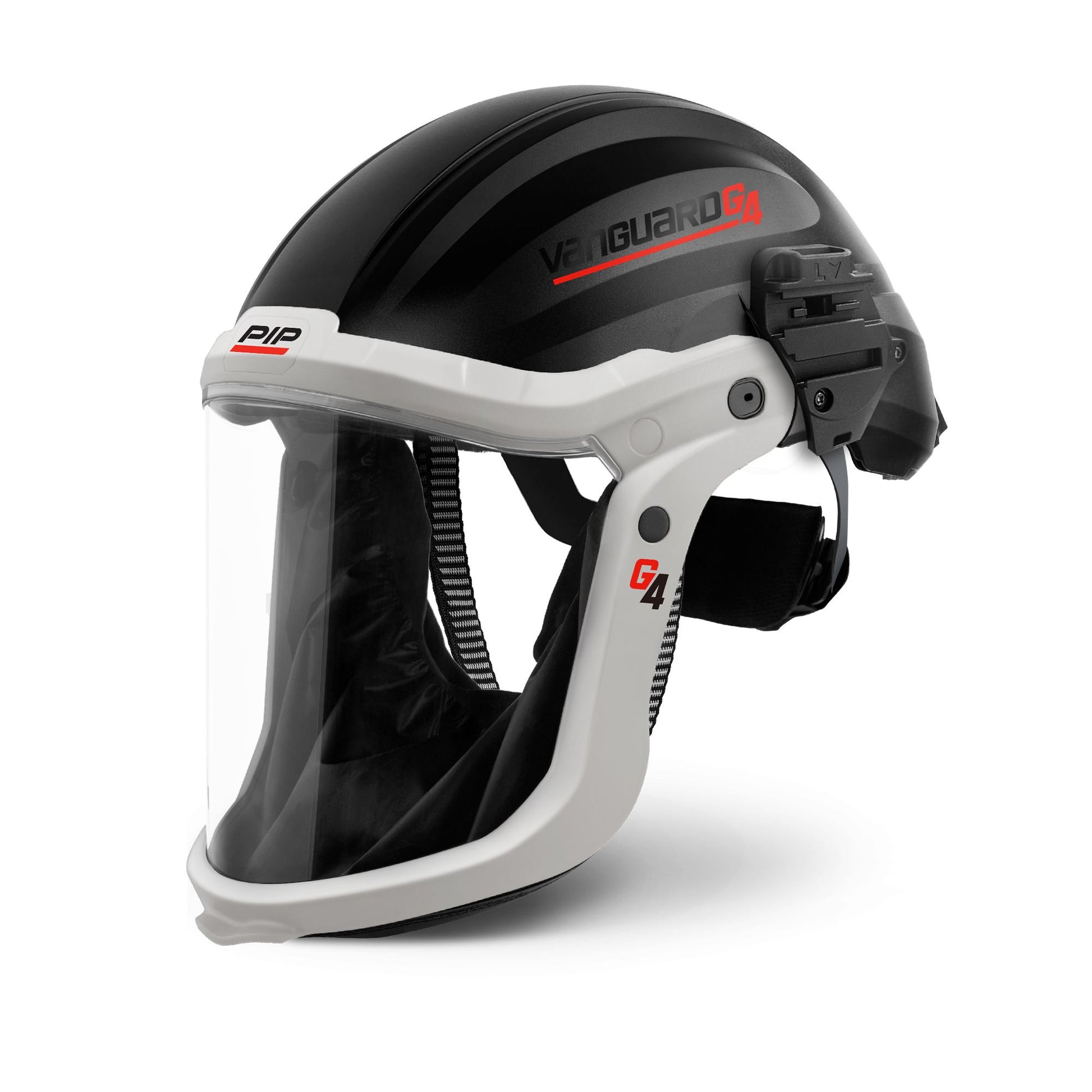 A black and white "Vanguard G4" safety helmet by PIP, featuring an integrated clear face shield with a black fabric chin shroud.