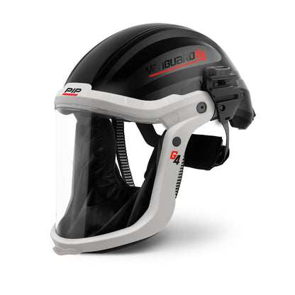 A black and white "Vanguard G4" safety helmet by PIP, featuring an integrated clear face shield with a black fabric chin shroud.