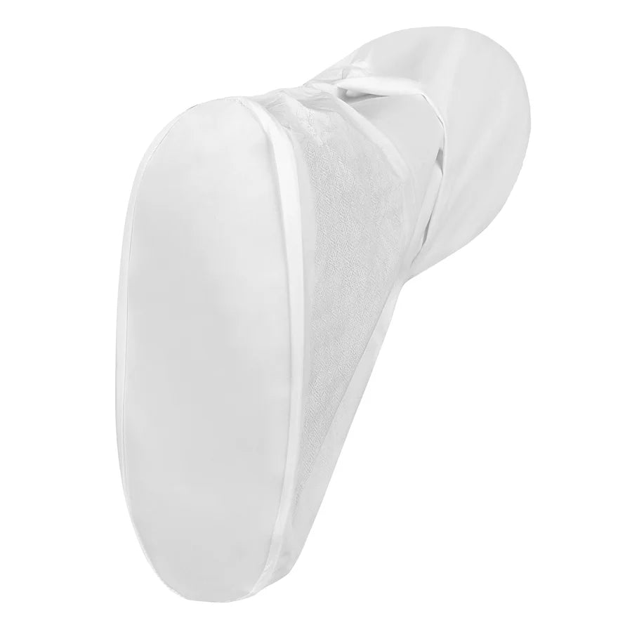 A single white disposable shoe cover on a plain white background.