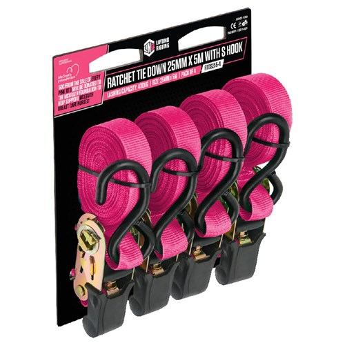 LINQ Pink Ratchet Tie down 25Mm X 5M With S Hook - 4 Pack