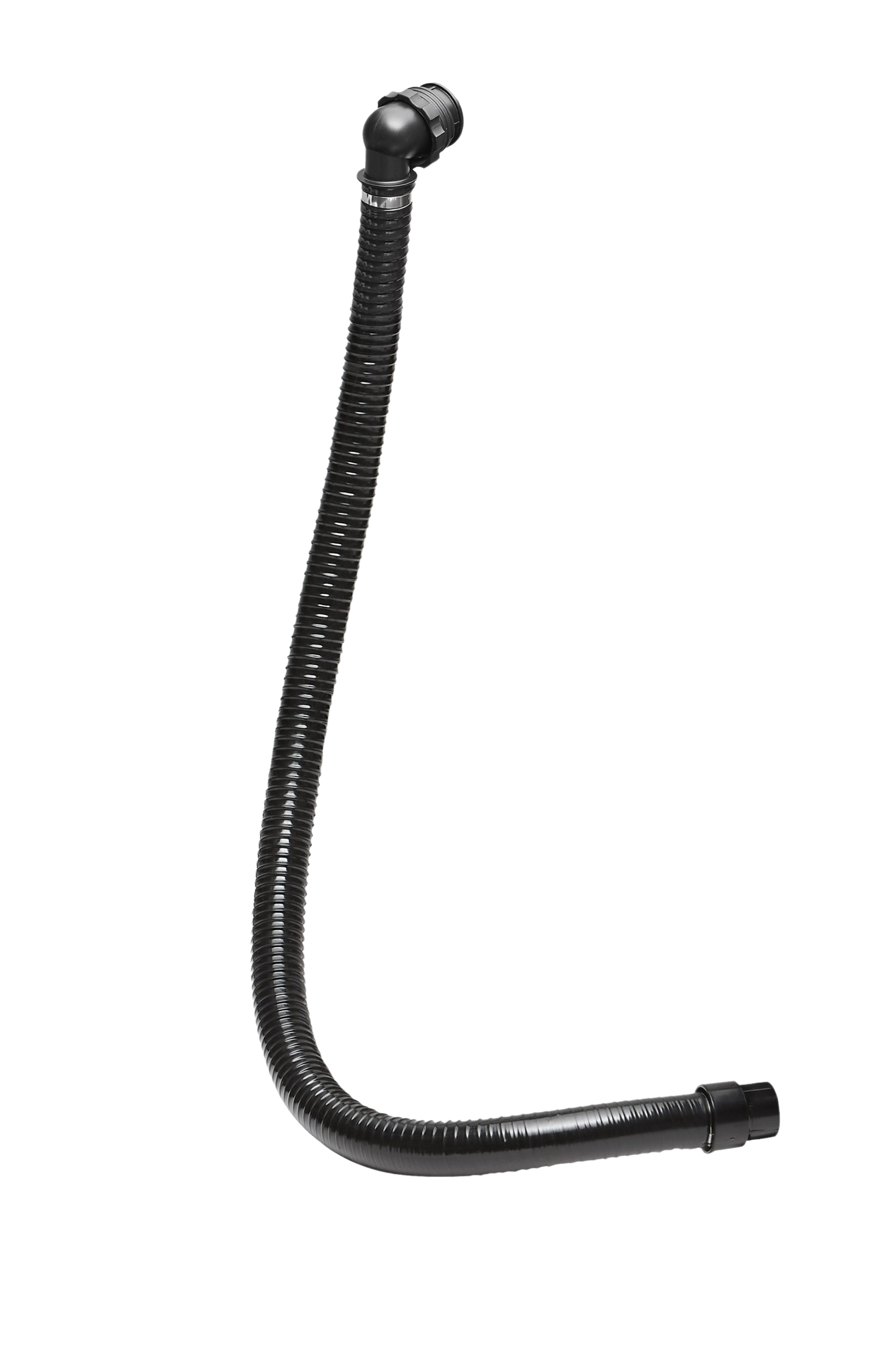 Flexible black corrugated air supply hose for a respirator system with threaded end connectors.