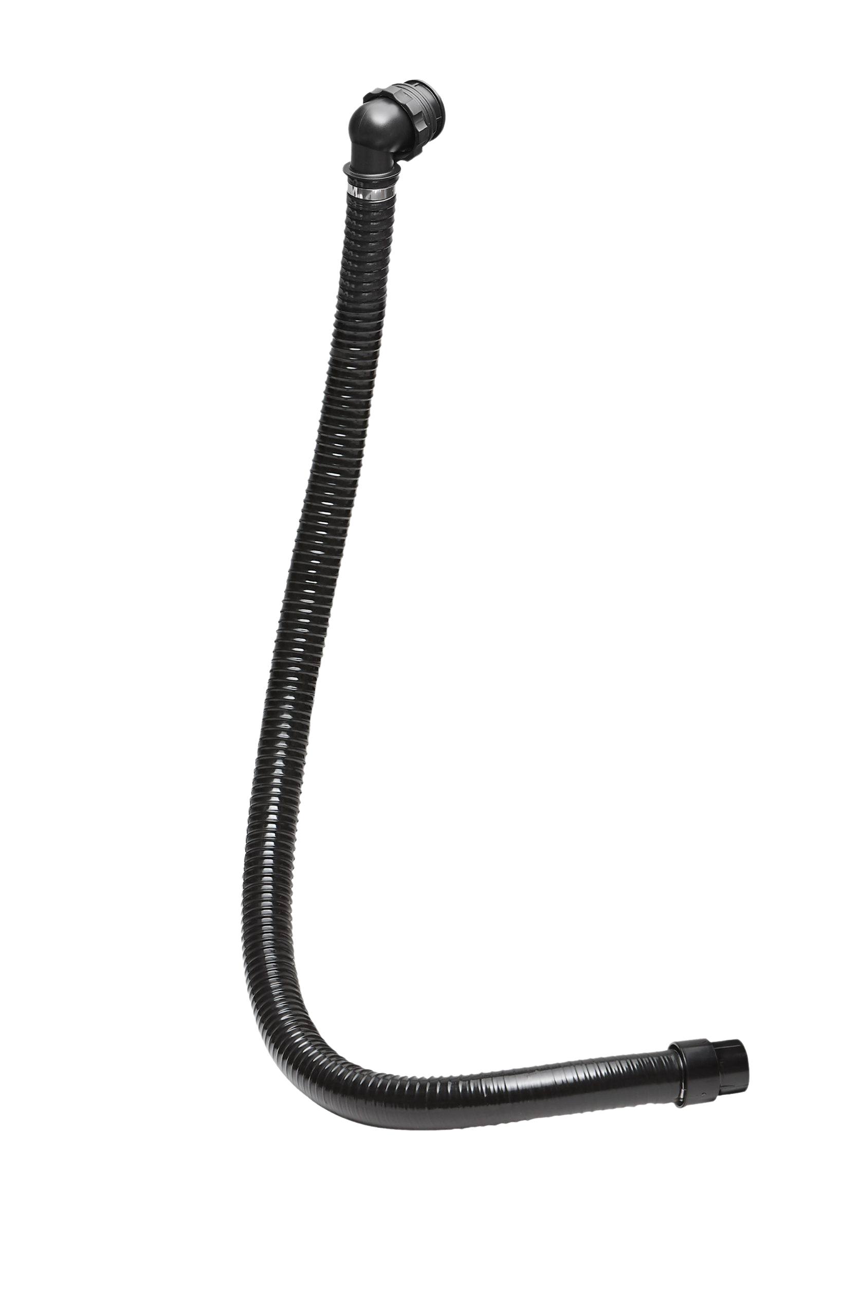 Flexible black corrugated air supply hose for a respirator system with threaded end connectors.