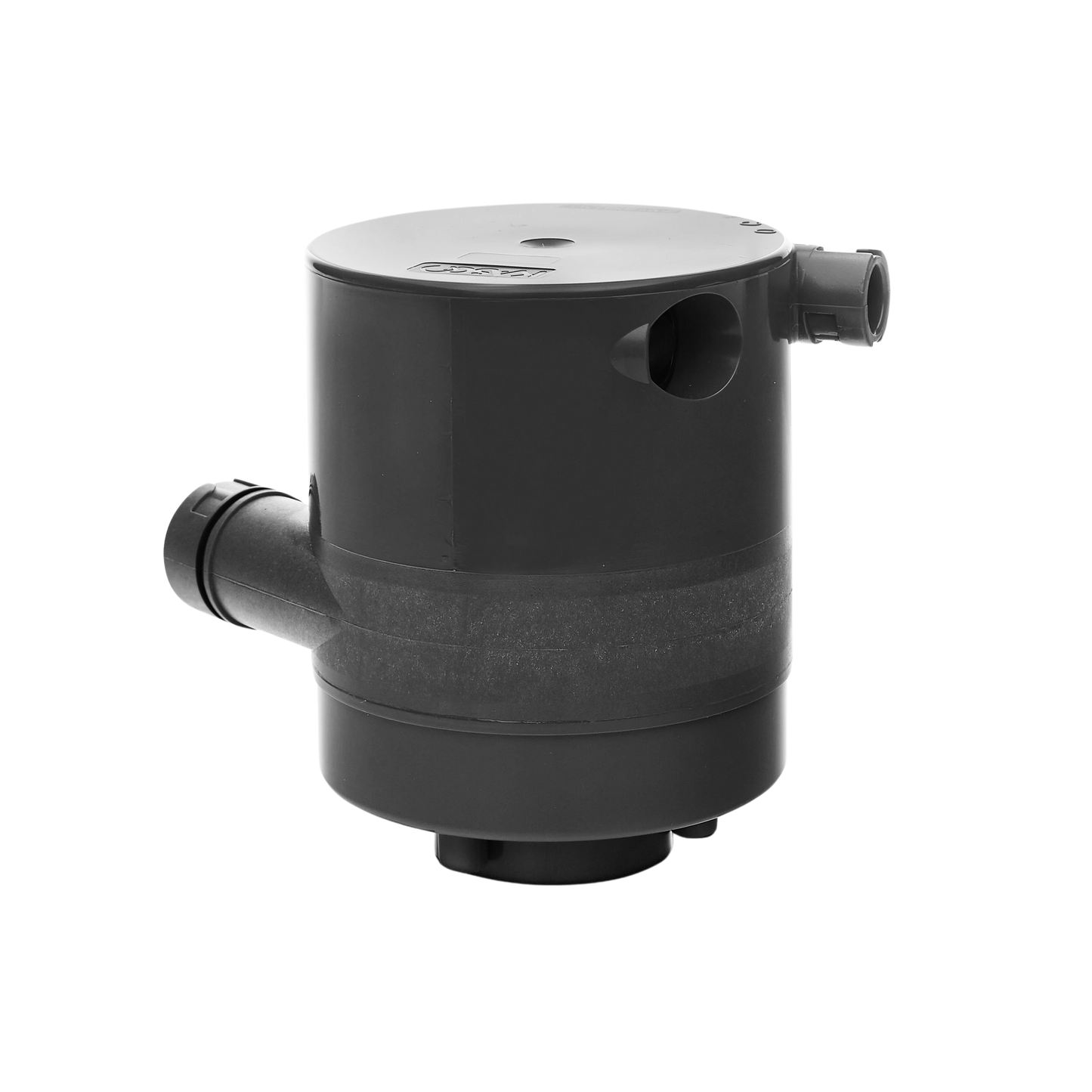 A dark gray, cylindrical component with two protruding ports.